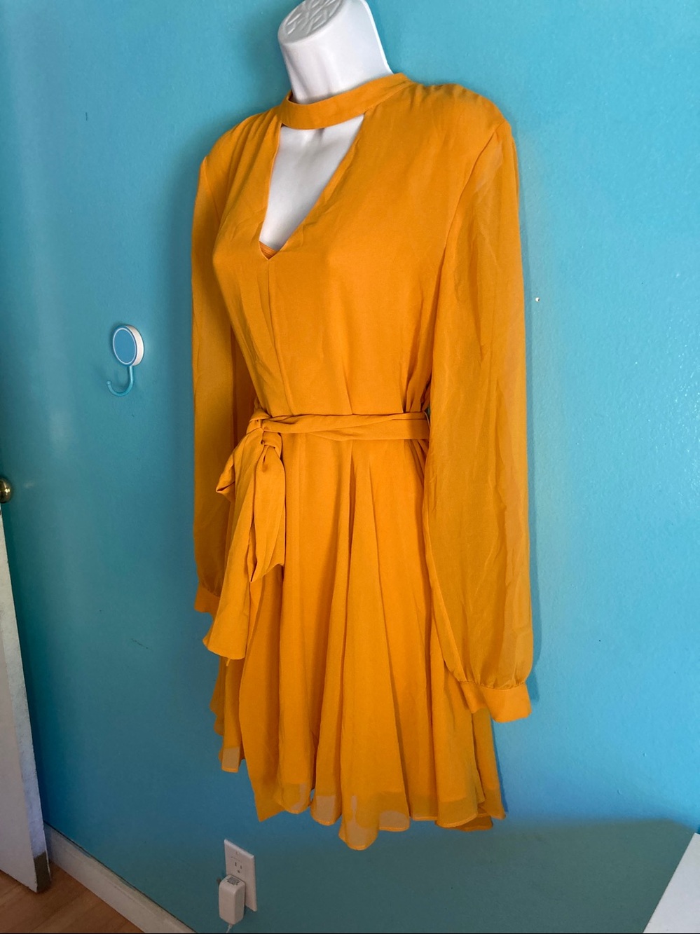 Australian Label TY-LR Marigold Yellow Choker Neck Mini Dress Size L Bishop Slv